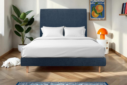 Lit 135x190 cm - Sommier à lattes H29 cm + tête de lit tapissée - Tissu Toile natté Bleu Océan