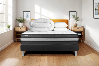Pack lit complet 140x190 cm - Matelas + Sommier Noir (en kit) + 2 oreillers + Couette - Vital Power Zen