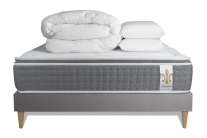 Pack lit complet 200x200 cm - Matelas + Sommier Gris (en kit) + 2 oreillers + Couette - Vingt-Six PLUS