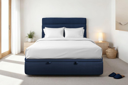Lit coffre 140x190 cm avec Tête de lit à lignes - Tissu Velours Bleu Océan