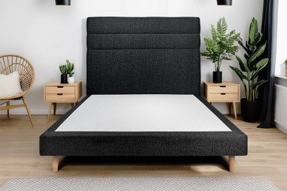 Lit 150x190 cm - Sommier tapissier H29 cm + tête de lit à lignes - Tissu Bouclette Noir