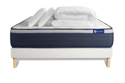 Pack lit complet 140x190 cm - Matelas + Sommier Blanc (en kit) + 2 oreillers + Couette - Actiflex Max