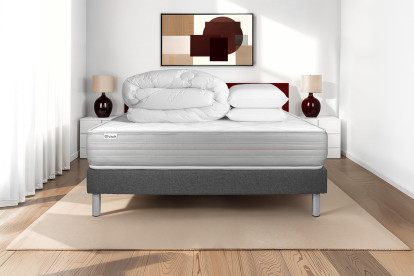 Pack lit complet 160x200 cm - Matelas + Sommier Gris (en kit) + 2 oreillers + Couette - Vitalmemo