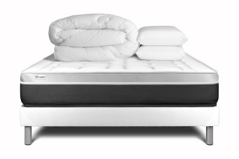 Pack lit complet 180x200 cm - Matelas + Sommier Blanc (en kit) + 2 oreillers + Couette - Vital Soft