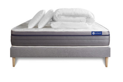 Pack lit complet 180x200 cm - Matelas + Sommier Gris (en kit) + 2 oreillers + Couette - ActiMemo Zen