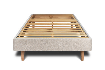 Lit 90x190 cm - Sommier à lattes H29 cm + tête de lit tapissée - Tissu Bouclette Beige Clair