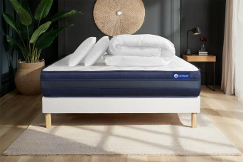 Pack lit complet 160x200 cm - Matelas + Sommier Blanc (en kit) + 2 oreillers + Couette - Actimemo Tech