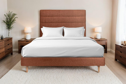 Lit 140x190 cm - Sommier tapissier H29 cm + tête de lit à lignes - Tissu Bouclette Terracotta