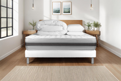 Pack lit complet 160x200 cm - Matelas + Sommier Blanc (en kit) + 2 oreillers + Couette - Vitalspring Recover