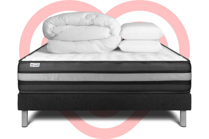 Pack lit complet 180x200 cm - Matelas + Sommier Noir (en kit) + 2 oreillers + Couette - Vital Power Zen