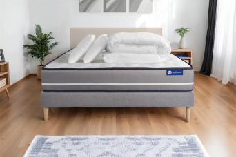 Pack lit complet 140x190 cm - Matelas + Sommier Gris (en kit) + 2 oreillers + Couette - Actimemo Pur