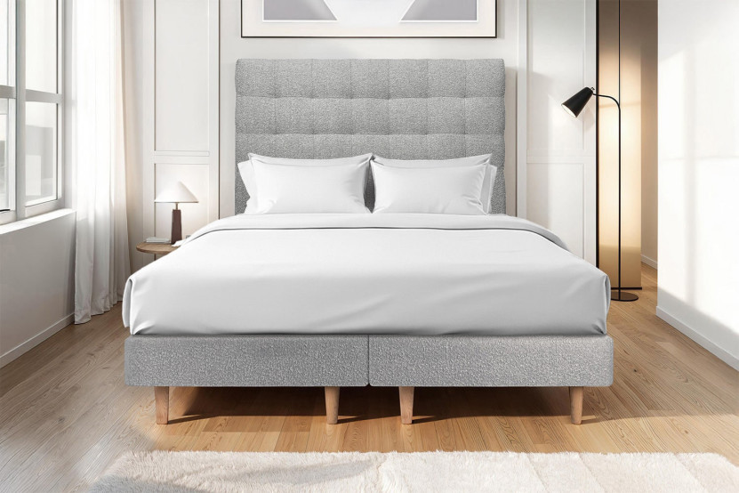 Lit 2x100x200 cm avec Tête de lit capitonnée - Tissu Bouclette
