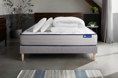 Pack lit complet 140x190 cm - Matelas + Sommier Gris (en kit) + 2 oreillers + Couette - Actimemo Form