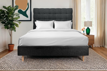 Lit 160x200 cm - Sommier tapissier H35 cm + tête de lit capitonnée - Tissu Bouclette Noir