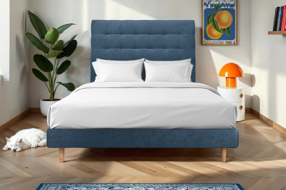 Lit 140x200 cm - Sommier à lattes H29 cm + tête de lit capitonnée - Tissu Toile natté Bleu Océan