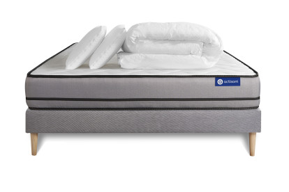 Pack lit complet 180x200 cm - Matelas + Sommier Gris (en kit) + 2 oreillers + Couette - Actimemo Night