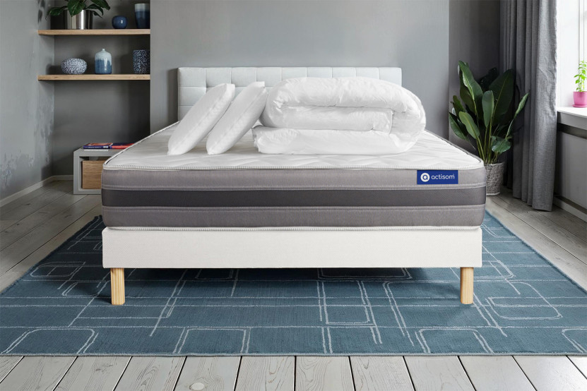 Pack lit complet 180x200 cm - Matelas + Sommier Blanc (en kit) + 2 oreillers + Couette - Actilatex Relax