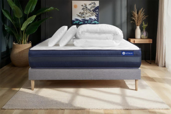 Pack lit complet 140x190 cm - Matelas + Sommier Gris (en kit) + 2 oreillers + Couette - Actilatex Tech