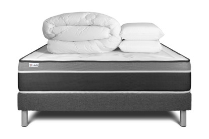Pack lit complet 160x200 cm - Matelas + Sommier Gris (en kit) + 2 oreillers + Couette - Vital Care