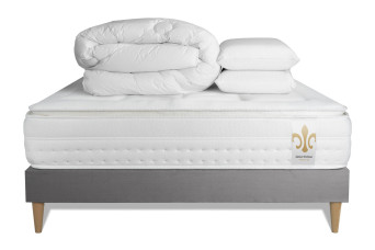 Pack lit complet 140x190 cm - Matelas + Sommier Gris (en kit) + 2 oreillers + Couette - Vingt-Huit PLUS