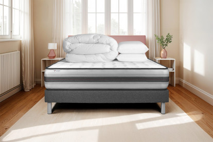 Pack lit complet 200x200 cm - Matelas + Sommier Gris (en kit) + 2 oreillers + Couette - Vitalpower Recover