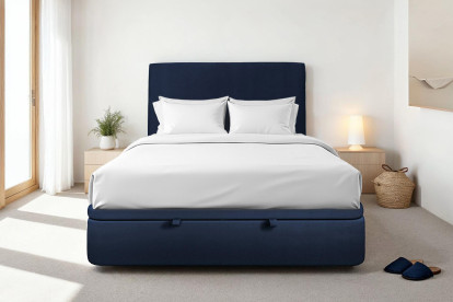 Lit coffre 200x200 cm avec Tête de lit tapissée - Tissu Velours Bleu Océan