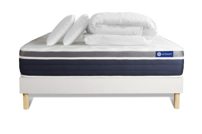 Pack lit complet 200x200 cm - Matelas + Sommier Blanc (en kit) + 2 oreillers + Couette - Actimemo Confort