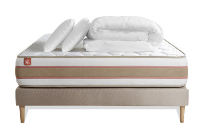 Pack lit complet 200x200 cm - Matelas + Sommier Beige (en kit) + 2 oreillers + Couette - Le Délicat