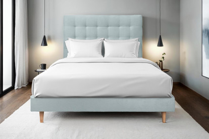 Lit 150x190 cm - Sommier à lattes H29 cm + tête de lit capitonnée - Tissu Velours Gris Bleuté