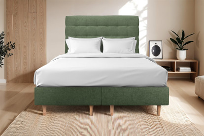 Lit 2x 100x200 cm - Sommier tapissier H35 cm + tête de lit capitonnée - Tissu Toile natté Vert Kaki