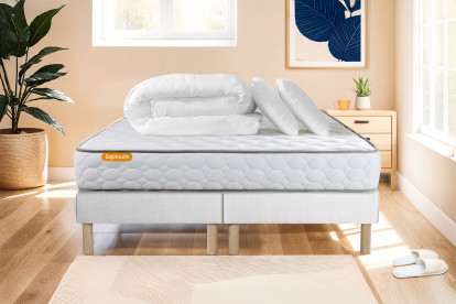 Pack lit complet 160x200 cm - Matelas + 2 Sommiers Blancs + 2 oreillers + Couette - Memo