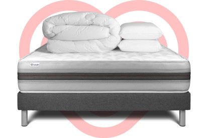 Pack lit complet 140x190 cm - Matelas + Sommier Gris (en kit) + 2 oreillers + Couette - Vitalmemo Back