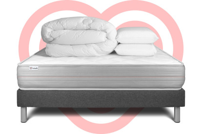 Pack lit complet 140x200 cm - Matelas + Sommier Gris (en kit) + 2 oreillers + Couette - Vitalmemo