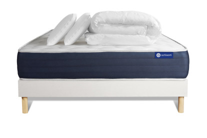 Pack lit complet 160x200 cm - Matelas + Sommier Blanc (en kit) + 2 oreillers + Couette - Actimemo Sleep