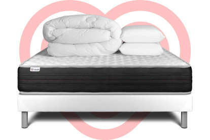 Pack lit complet 140x200 cm - Matelas + Sommier Blanc (en kit) + 2 oreillers + Couette - Vitalmemo One