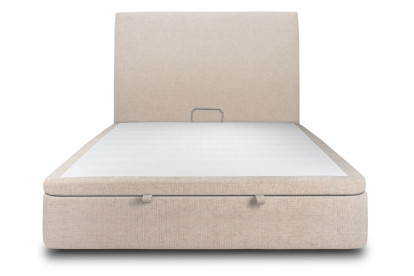 Lit coffre 160x200 cm avec Tête de lit tapissée - Tissu Toile natté Beige Brun