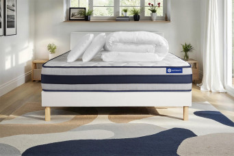 Pack lit complet 140x190 cm - Matelas + Sommier Blanc (en kit) + 2 oreillers + Couette - Actiflex Ergo