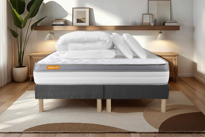 Pack lit complet 160x200 cm - Matelas + 2 Sommiers Gris + 2 oreillers + Couette - Memo Zen