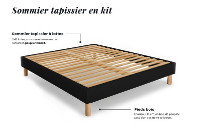 Pack lit complet 160x200 cm - Matelas + Sommier Noir (en kit) + 2 oreillers + Couette - Exclusive