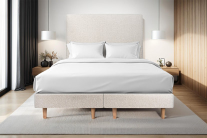 Lit 2x 90x200 cm - Sommier tapissier H29 cm + tête de lit tapissée - Tissu Bouclette Beige Clair