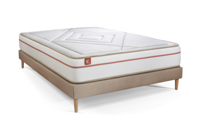 Pack lit complet 160x200 cm - Matelas + Sommier Beige (en kit) + 2 oreillers + Couette - Le Paisible