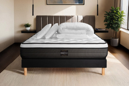 Pack lit complet 180x200 cm - Matelas + Sommier Noir (en kit) + 2 oreillers + Couette - Suite