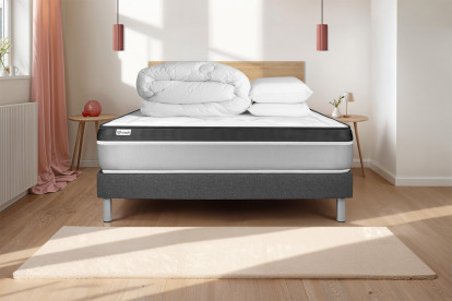 Pack lit complet 140x200 cm - Matelas + Sommier Gris (en kit) + 2 oreillers + Couette - Vital Ergo