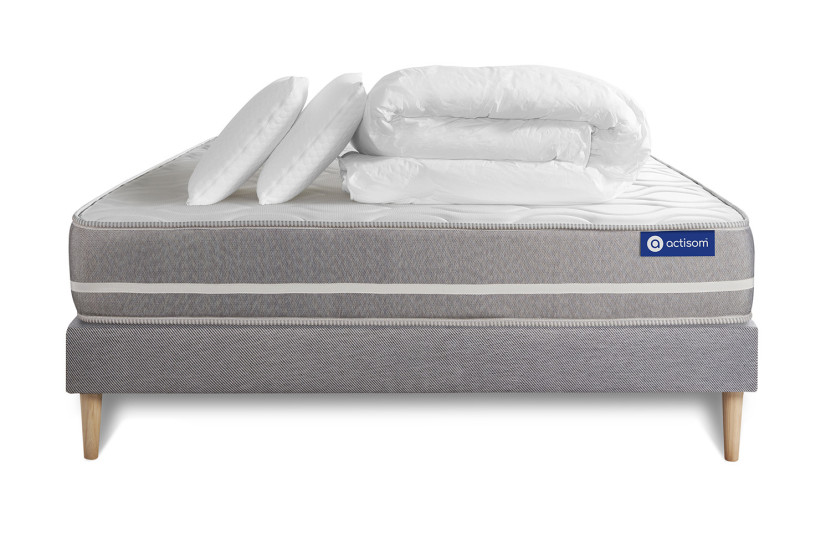 Pack lit complet 160x200 cm - Matelas + Sommier Gris (en kit) + 2 oreillers + Couette - Actiflex Touch