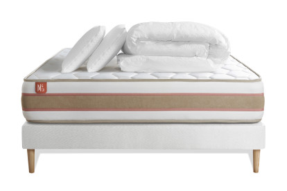 Pack lit complet 180x200 cm - Matelas + Sommier Blanc (en kit) + 2 oreillers + Couette - Le Délicat