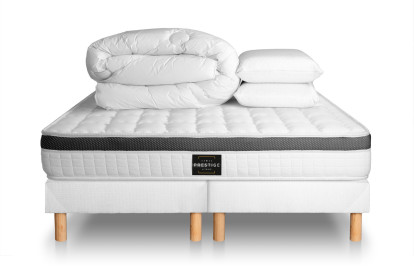 Pack lit complet 200x200 cm - Matelas + 2 Sommiers Blancs + 2 oreillers + Couette - Supérieur