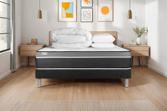 Pack lit complet 160x200 cm - Matelas + Sommier Noir (en kit) + 2 oreillers + Couette - Vital Care