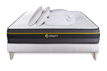 Pack lit complet 140x200 cm - Matelas + Sommier Blanc (en kit) + 2 oreillers + Couette - Active