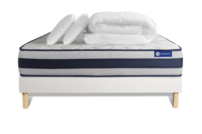 Pack lit complet 140x190 cm - Matelas + Sommier Blanc (en kit) + 2 oreillers + Couette - Actiflex Ergo