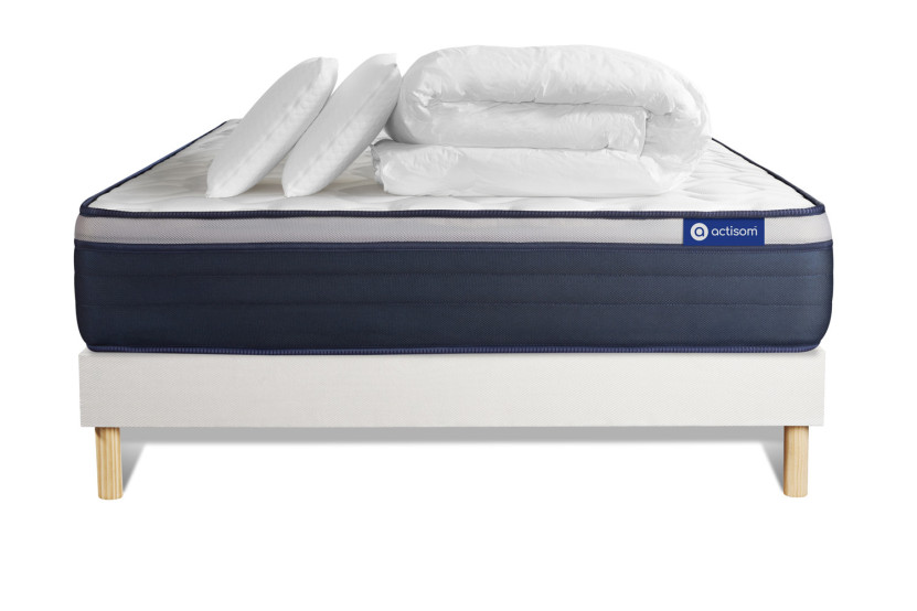 Pack lit complet 140x200 cm - Matelas + Sommier Blanc (en kit) + 2 oreillers + Couette - Actilatex Max
